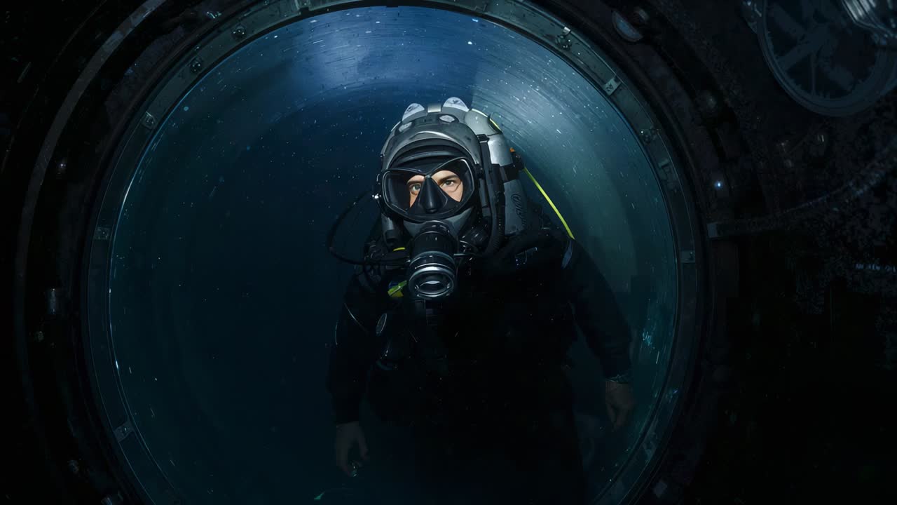 After light shift diver in suit mask regulator exhaling inside tank hatch making bubbles to breathe