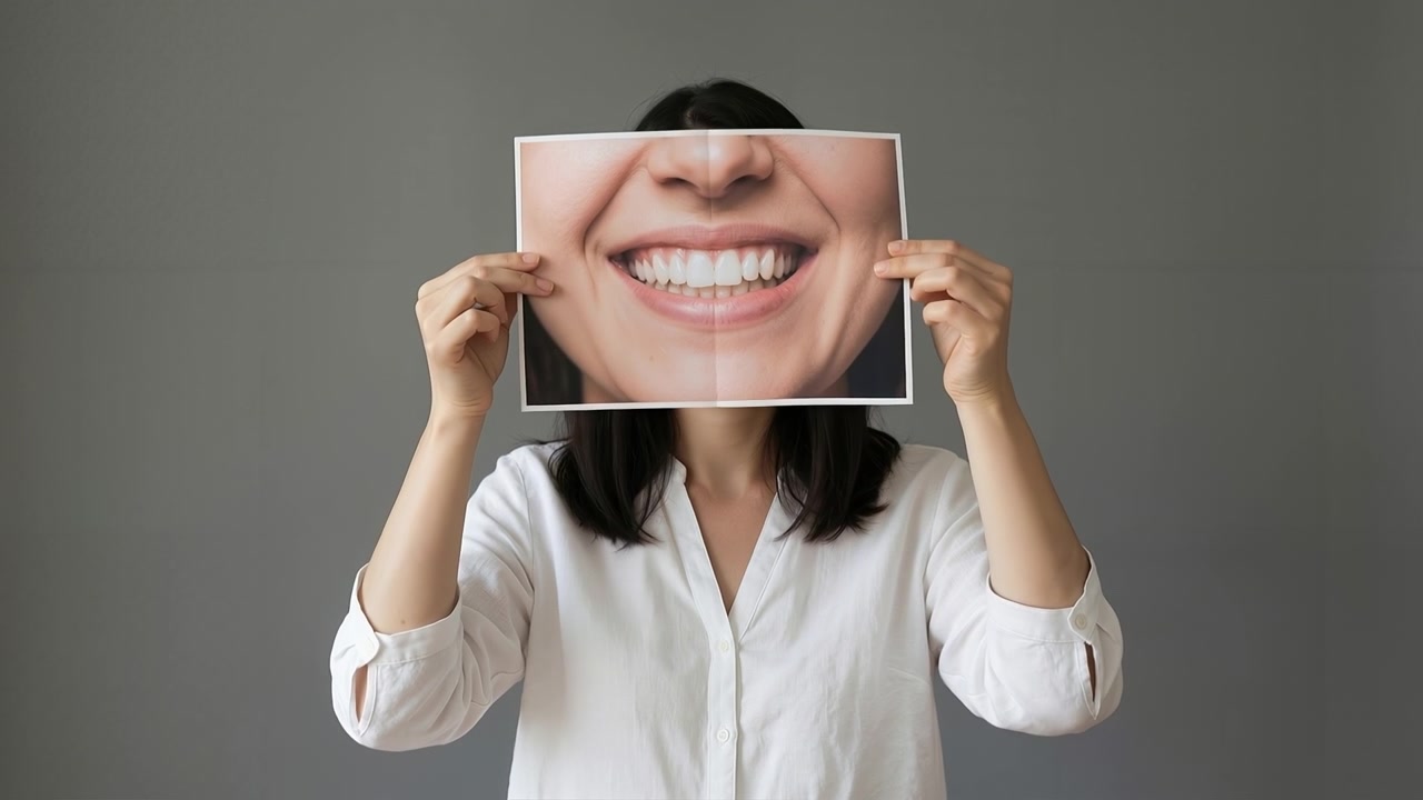 Donna che tiene una foto di una bocca sorridente davanti al viso per nascondere la sua espressione