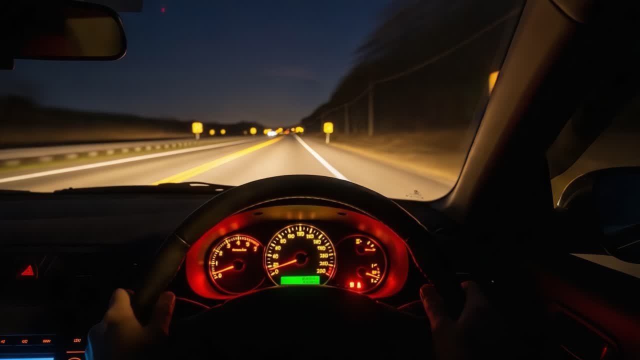 A Driver's Perspective at Night: A Journey Through Dimly Lit Roads Highlighted by Dashboard Lights and Speed Indicators in a Moving Vehicle