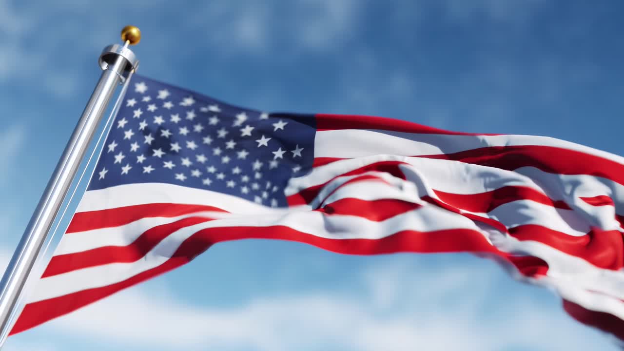 Video dal basso verso l'alto della bandiera americana che sventola su un cielo azzurro e limpido, a simboleggiare il patriottismo