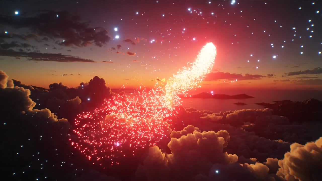 Luminous particles coalescing into red core, launching comet trail over sunset clouds for tech demo
