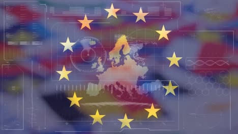 animación del procesamiento de datos financieros sobre la bandera de la unión europea
