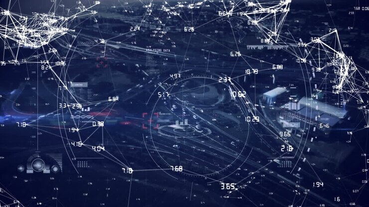 Connessioni dati in movimento sopra una città e un'autostrada