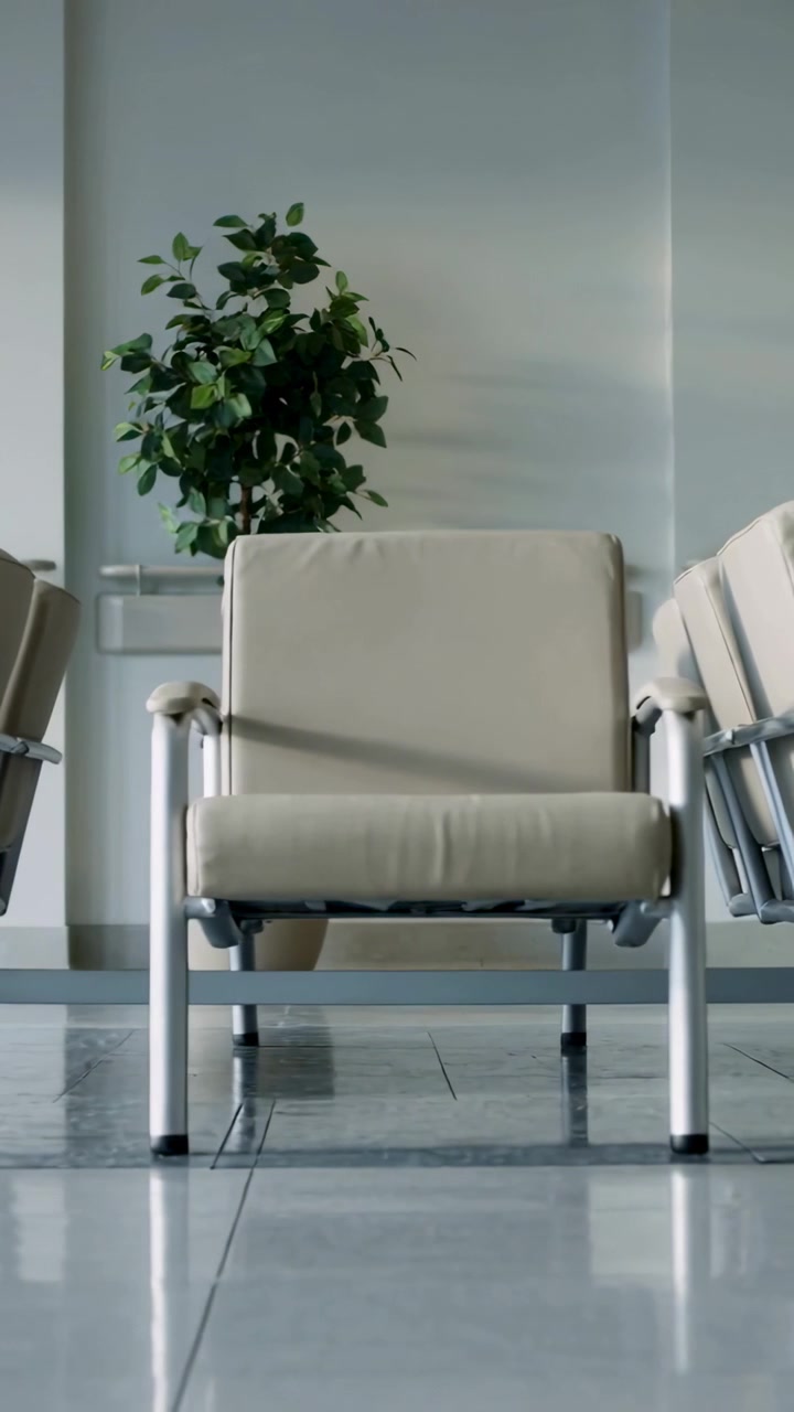 Vertical video: Panning camera revealing central beige chair in clinic waiting area, showing plant