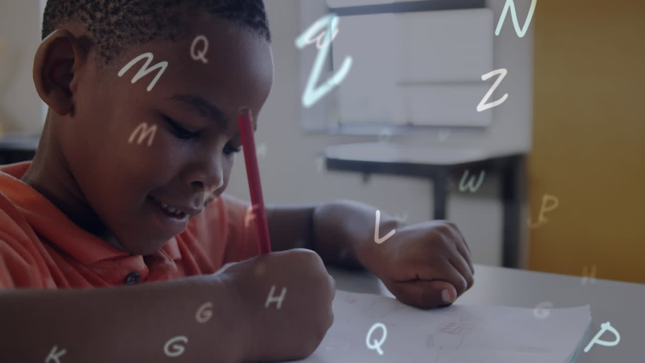 Animation of looping letter over african american boy writing in book at classroom
