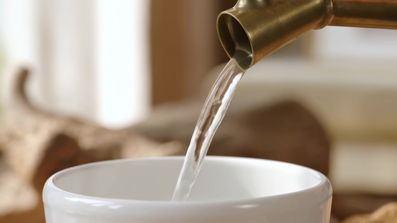Un limpido getto d'acqua scorre da un corto beccuccio curvo in ottone in una ciotola di ceramica bianca lucida, con una calda luce interna, riflessi tenui, minuscole goccioline, dettagli di superficie puliti e un'atmosfera di lusso tranquillo.