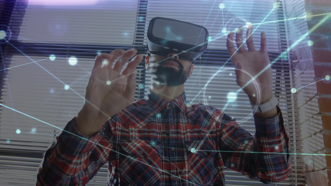 animación de la red de conexiones sobre el hombre que usa auriculares vr