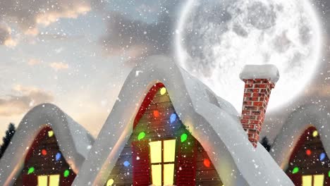 Animation-of-snow-falling-over-houses-covered-in-snow-decorated-with-christmas-fairy-lights-and-moon