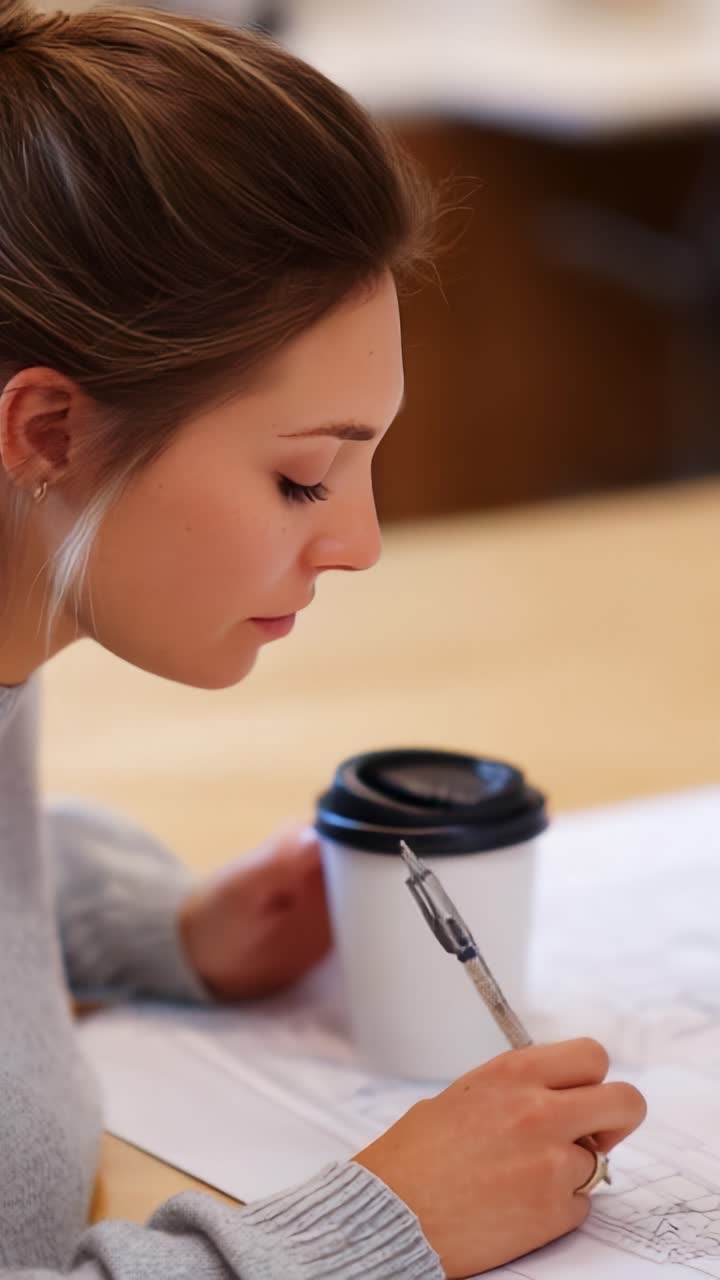 Persona concentrata intenta a svolgere un lavoro creativo con una penna e un caffè, che mostra concentrazione e immaginazione in un ambiente di lavoro accogliente