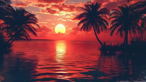 a sunset over the ocean with palm trees in the foreground