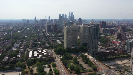 high-rise buildings of a condominium complex in philadelphia, pennsylvania, united states. aerial drone shot