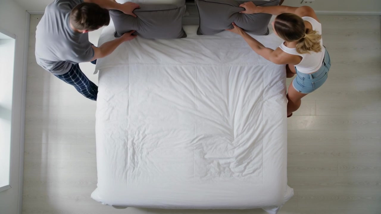 Tirando il lenzuolo, coppia in abiti e pantaloncini che rifà il letto, posizionando cuscini grigi in una camera da letto luminosa.
