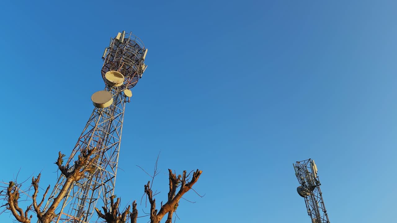 Slow orbit shot of tall mobile communication towers rising above pruned trees against a clear blue sky, capturing modern connectivity infrastructure in a quiet rural landscape with calm, minimal compo