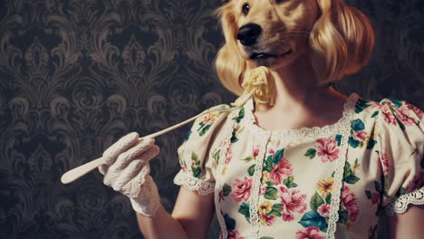 golden retriever in a floral dress eating spaghetti