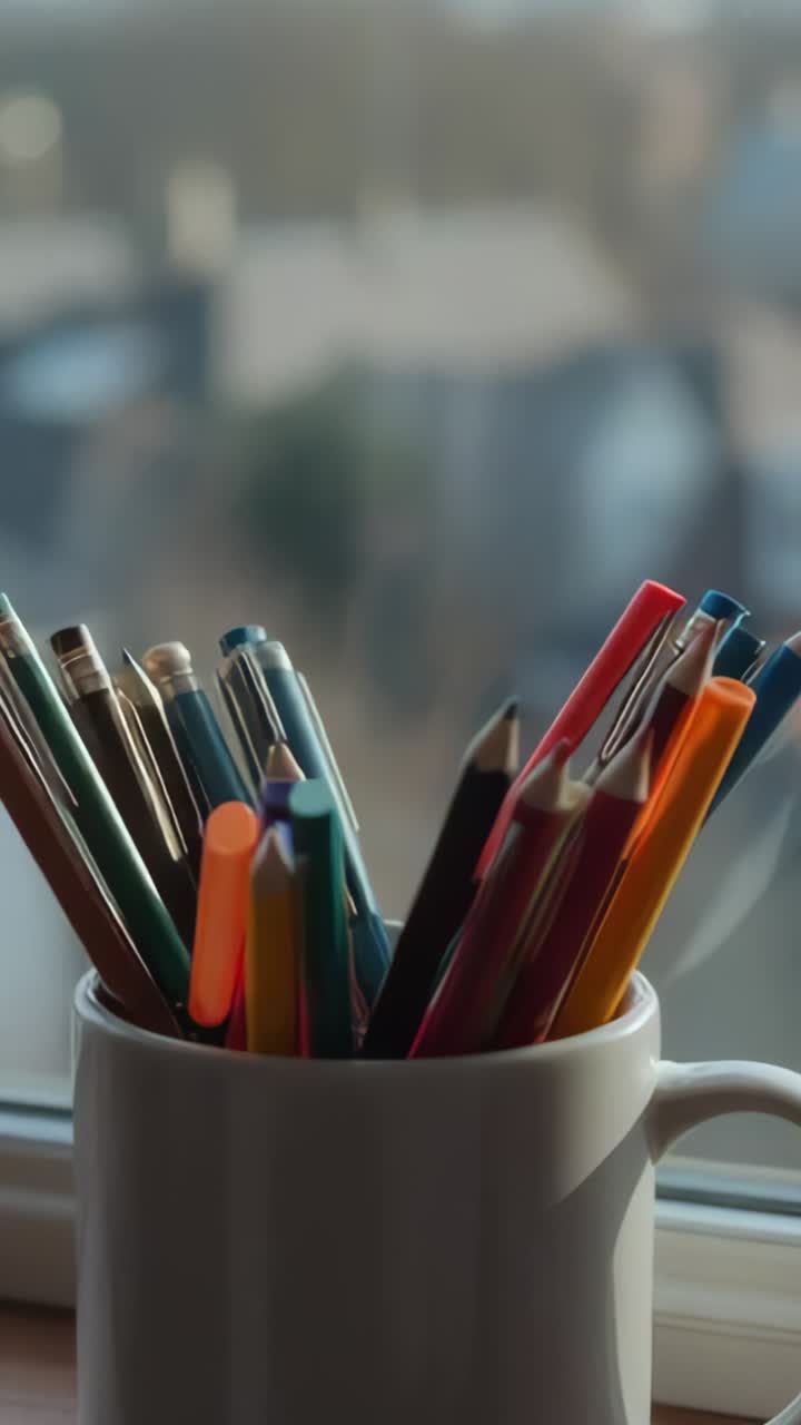 Vertical video: Shifting sunlight bathing ceramic mug with colored pencils on windowsill