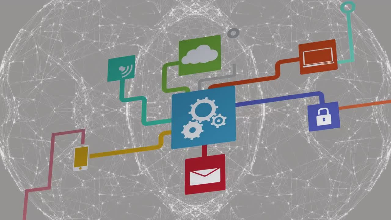 animación de la red de conexiones con iconos sobre fondo blanco