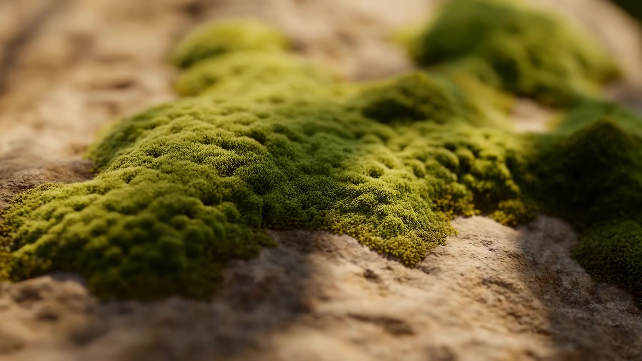 Primo piano di muschio verde vivido che si estende su una superficie di pietra ruvida con una leggera sfocatura sullo sfondo, luce naturale calda e una profondità di campo ridotta.