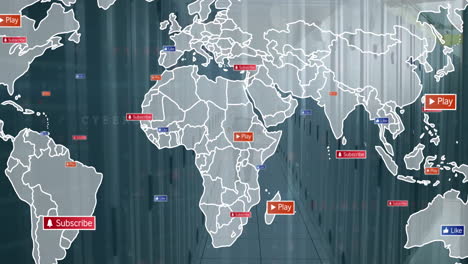 animation of world map and data processing over computer servers