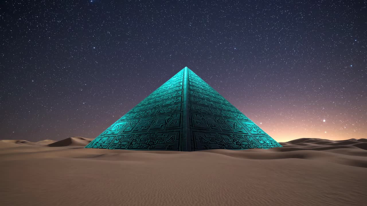 Futuristic Pyramid in the Desert at Night