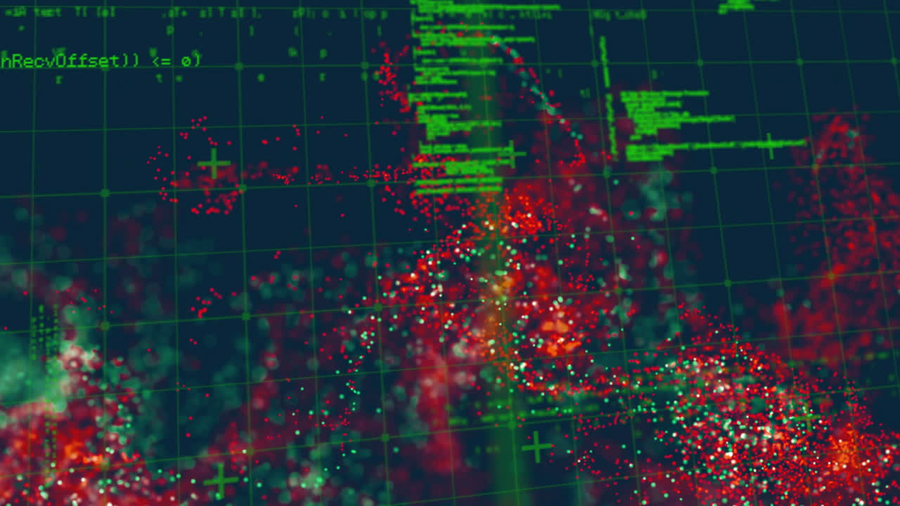 Animation of shapes with light spots over data processing on black background
