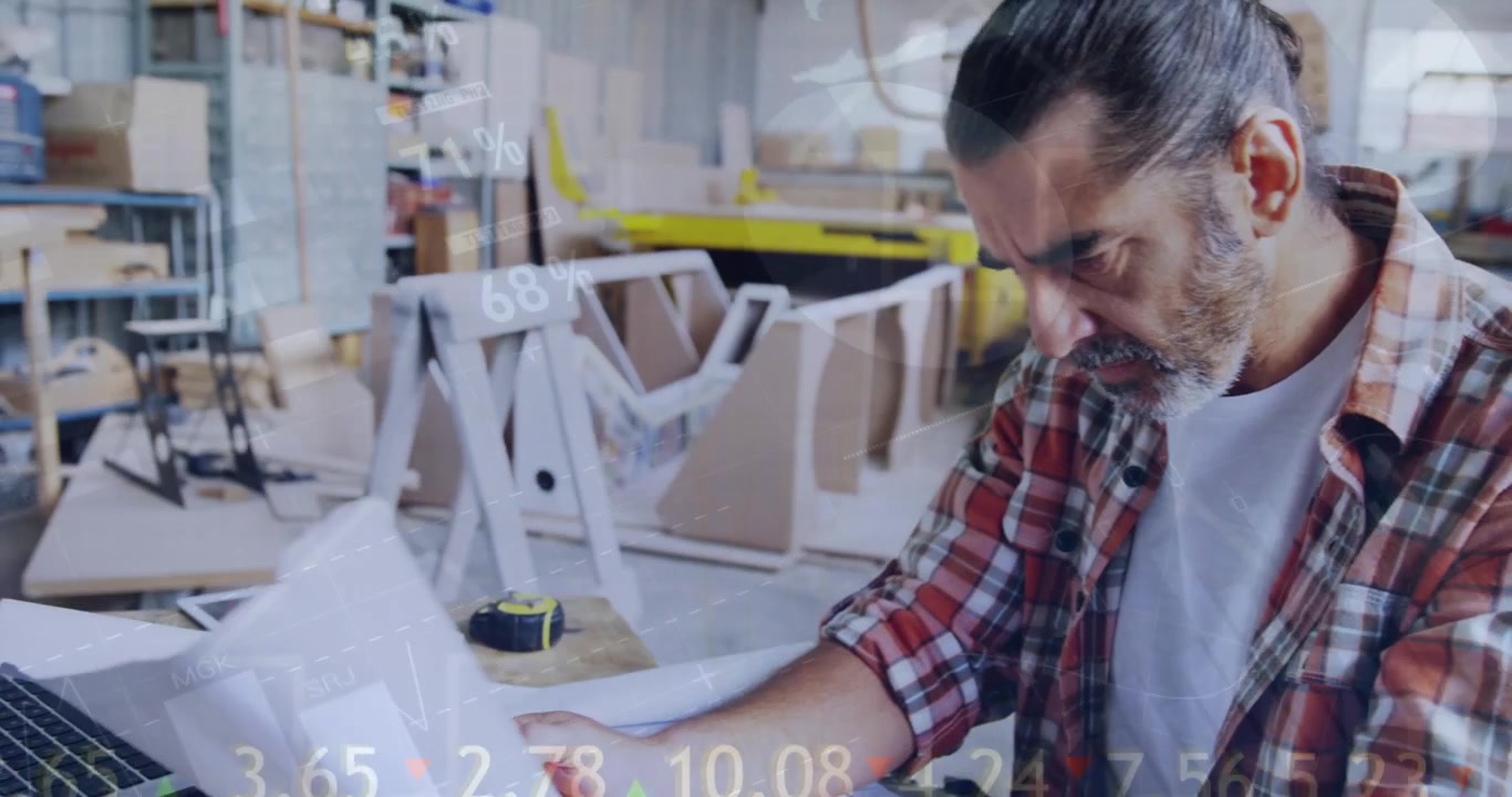 Animação de estatísticas e processamento de dados em plano de fundo cinza