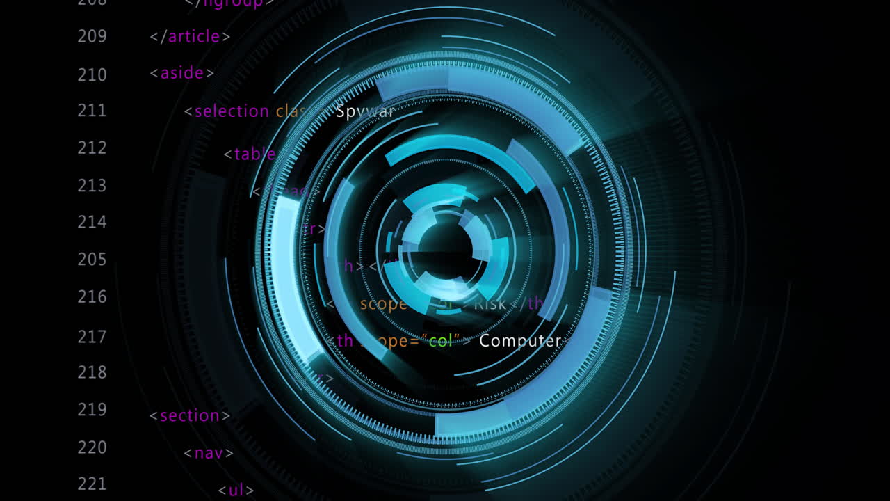 Rotating blue circular interface displaying animated HTML code