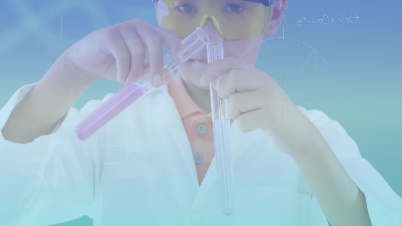 실험실에서 백인 소년에게 수학 방정식의 애니메이션