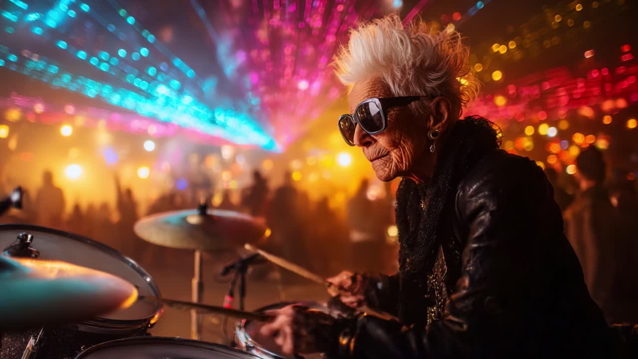 An electrifying performance of an elderly drummer showcasing their passion for music amidst a vibrant light show, captivating the audience in a lively atmosphere filled with energy and creativity