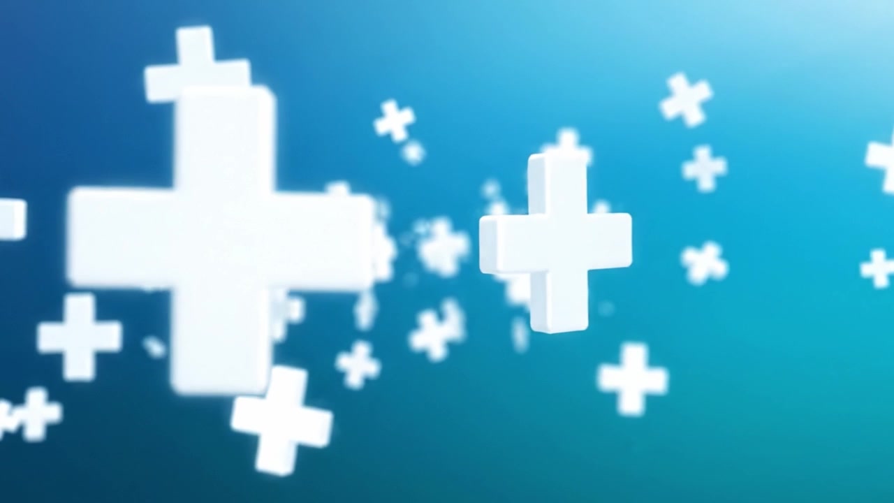 Dynamic White Crosses Floating Over a Soft Blue Background, Creating a Sense of Motion and Depth in a Modern Digital Environment Representing Growth and Addition.