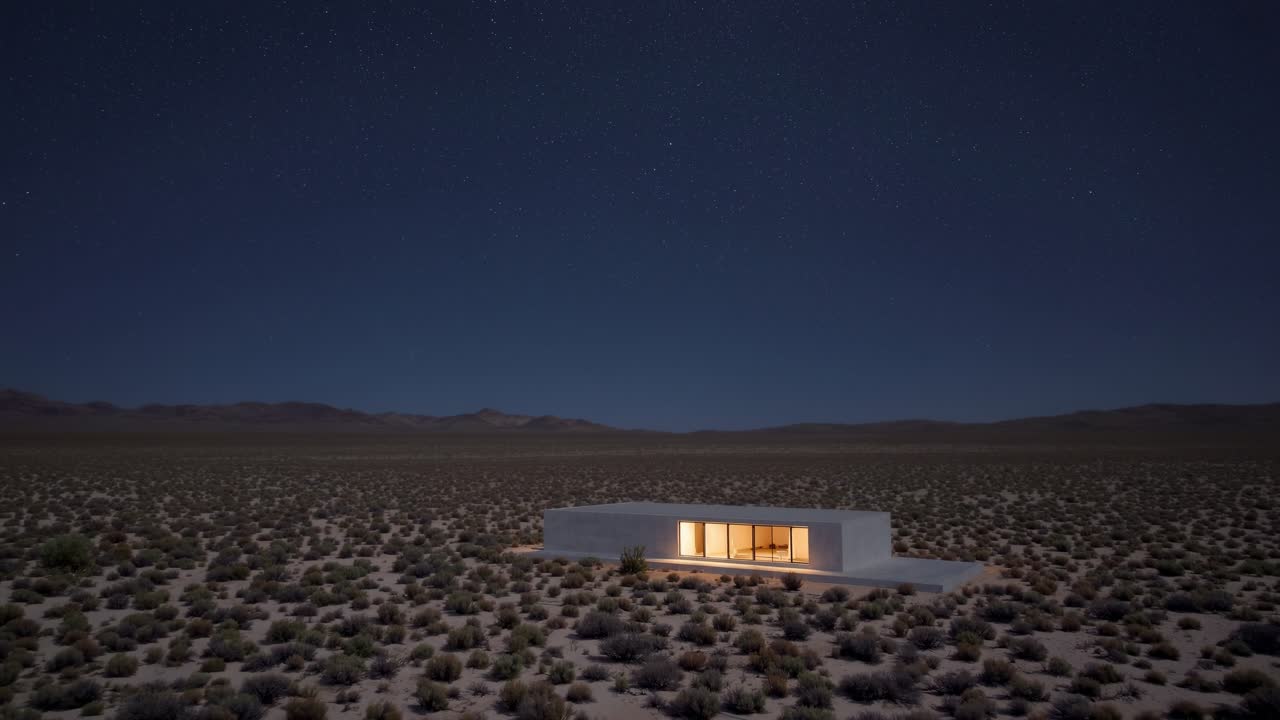 Modern architectural structure illuminated at night, surrounded by vast desert landscape, showcasing serene ambiance and minimalist design elements