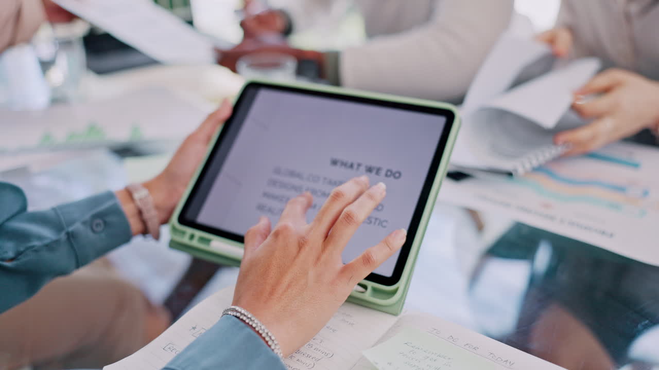 Tablet, hands and about us website strategy