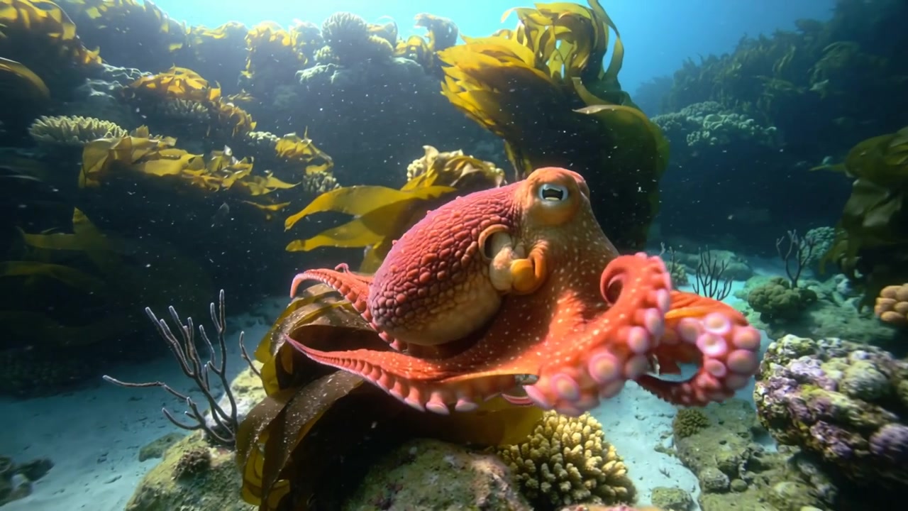 Polpo rosso che esplora, sollevando il mantello e protendendo i tentacoli verso la telecamera in una foresta di alghe, sondando la roccia.