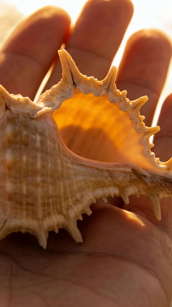 Vertical video: Tilting spiky shell, sunlight drawing hand angling, revealing orange glow at shore