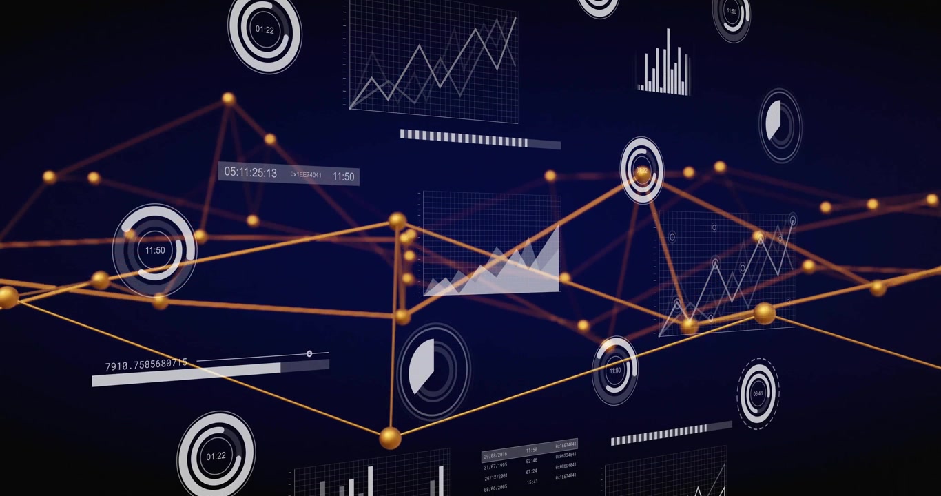 On revealing 3D network space, golden nodes rotating and charts updating to visualize data flow