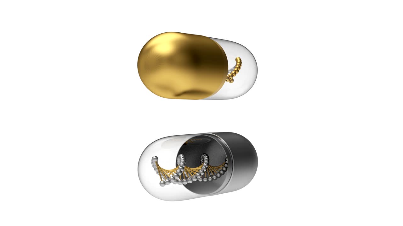 3D animation rotation of golden and silver medical capsules with DNA. Alpha. 4K