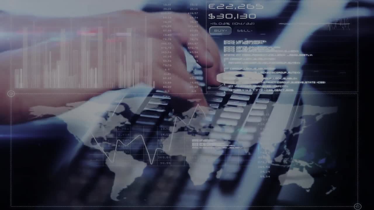 animación de estadísticas y procesamiento de datos financieros sobre la persona que escribe en el teclado de la computadora