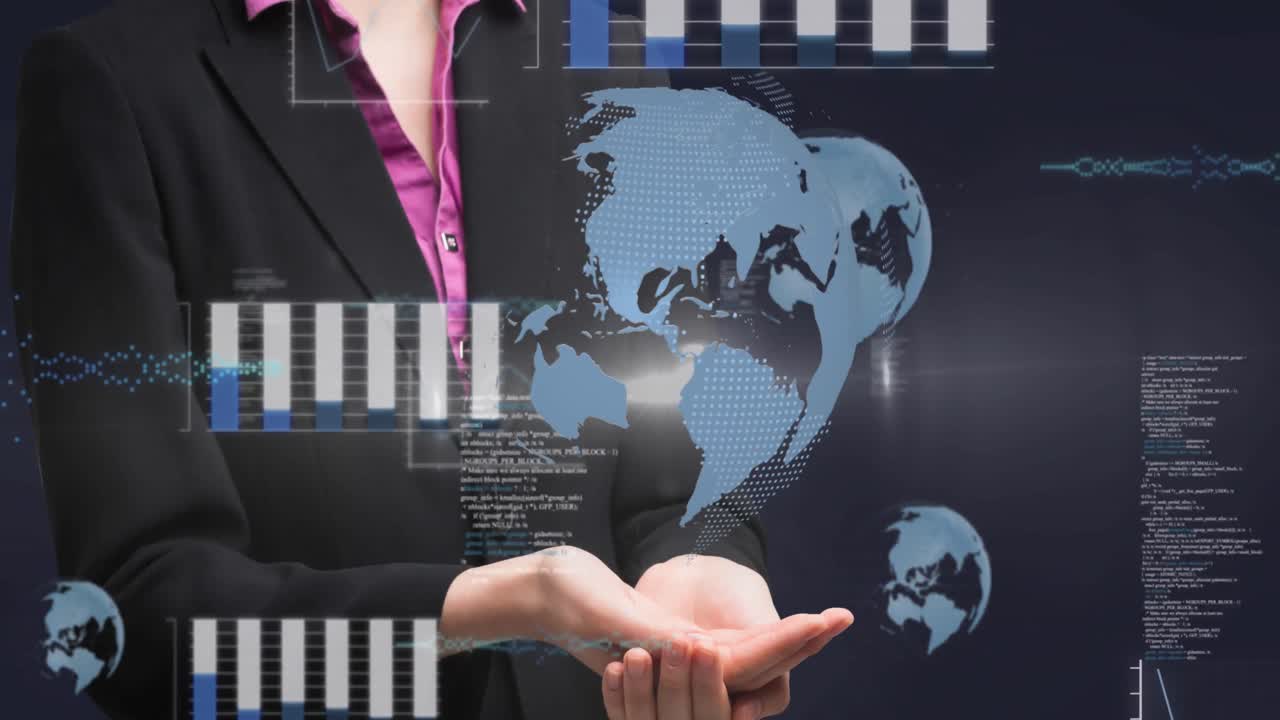 Animation of globe spinning over businesswoman's hands and data processing