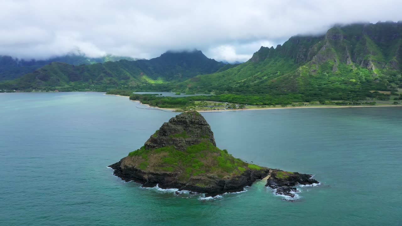 Chinaman's Hat Scenic Landmark Aerial Orbit off Hawaiian Coast