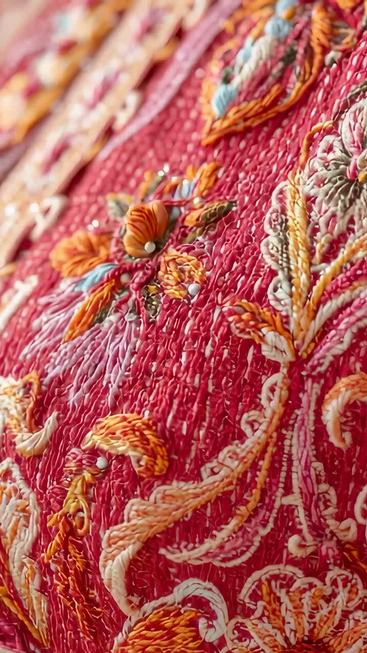 Vertical video: On opening close-up, camera panning across fabric in studio revealing threads beads