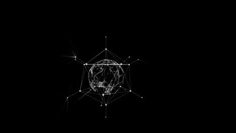 abstract network connections around sphere with lines and dots on black background. looped 3d animation. digital technology and business concept.