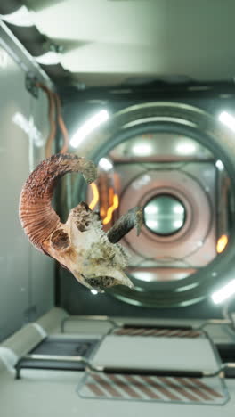 a ram skull floats in a dark, futuristic hallway