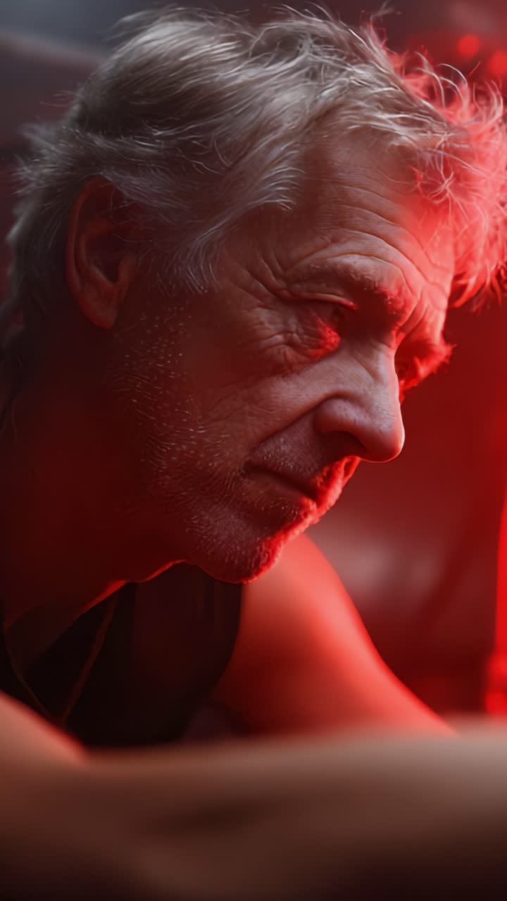 A contemplative moment captured in soft red light, revealing the deep expressions and life stories etched on an older man's face, evoking thoughts of introspection