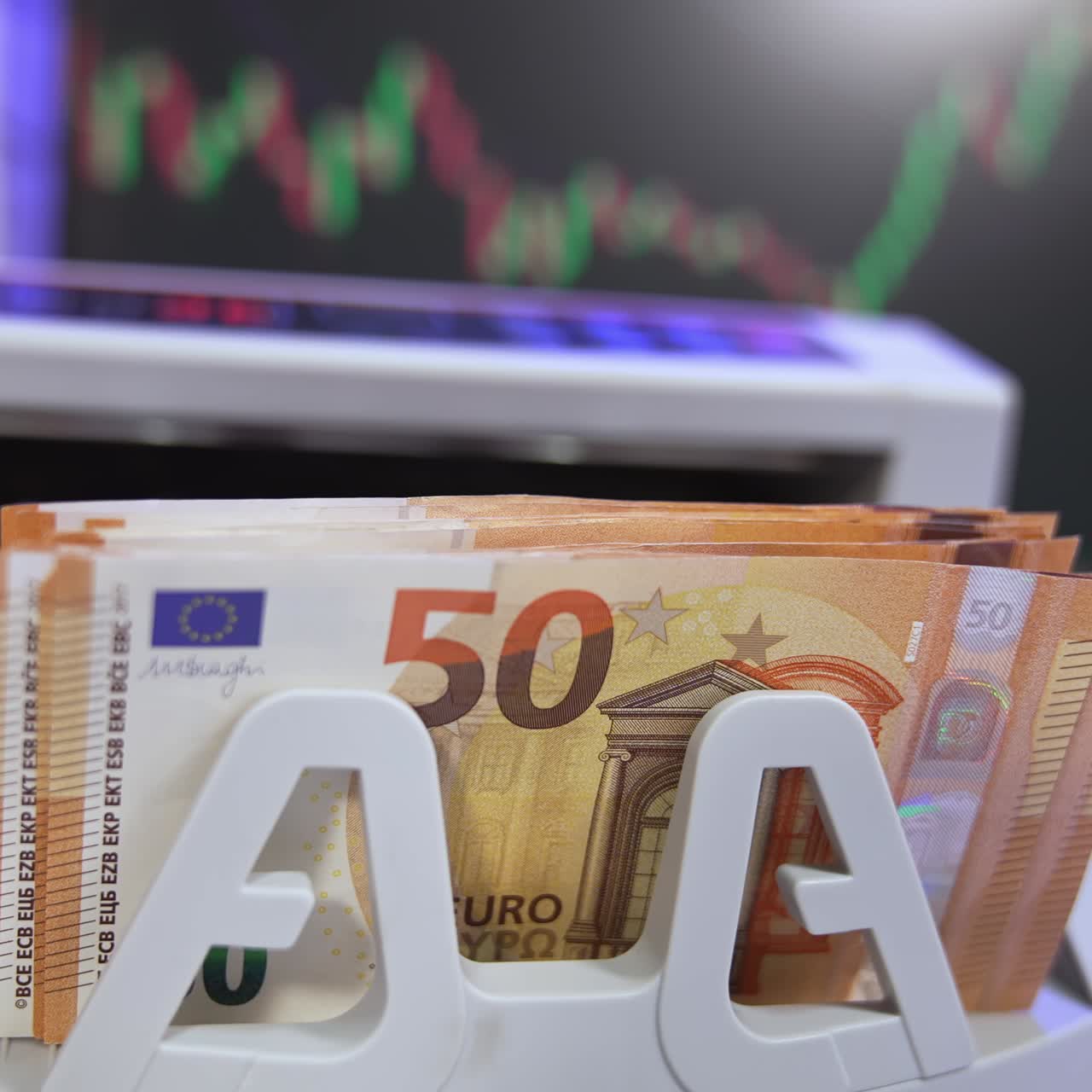 Euro currency on money counting machine. Automatic money counting in the machine