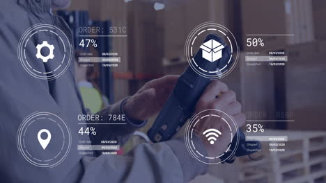 animation of icons and data processing over caucasian man working in warehouse