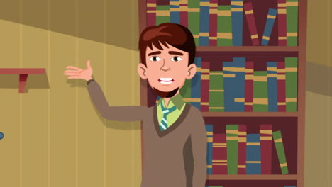 man standing in front of a bookshelf