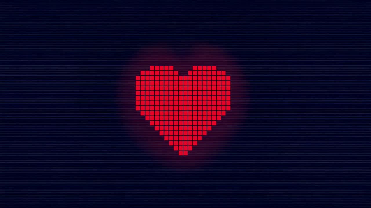 Animeret rødt pixelhjerte, der vokser på CRT-skærm, mens frames kører, glødende halo og scanlines pulserer