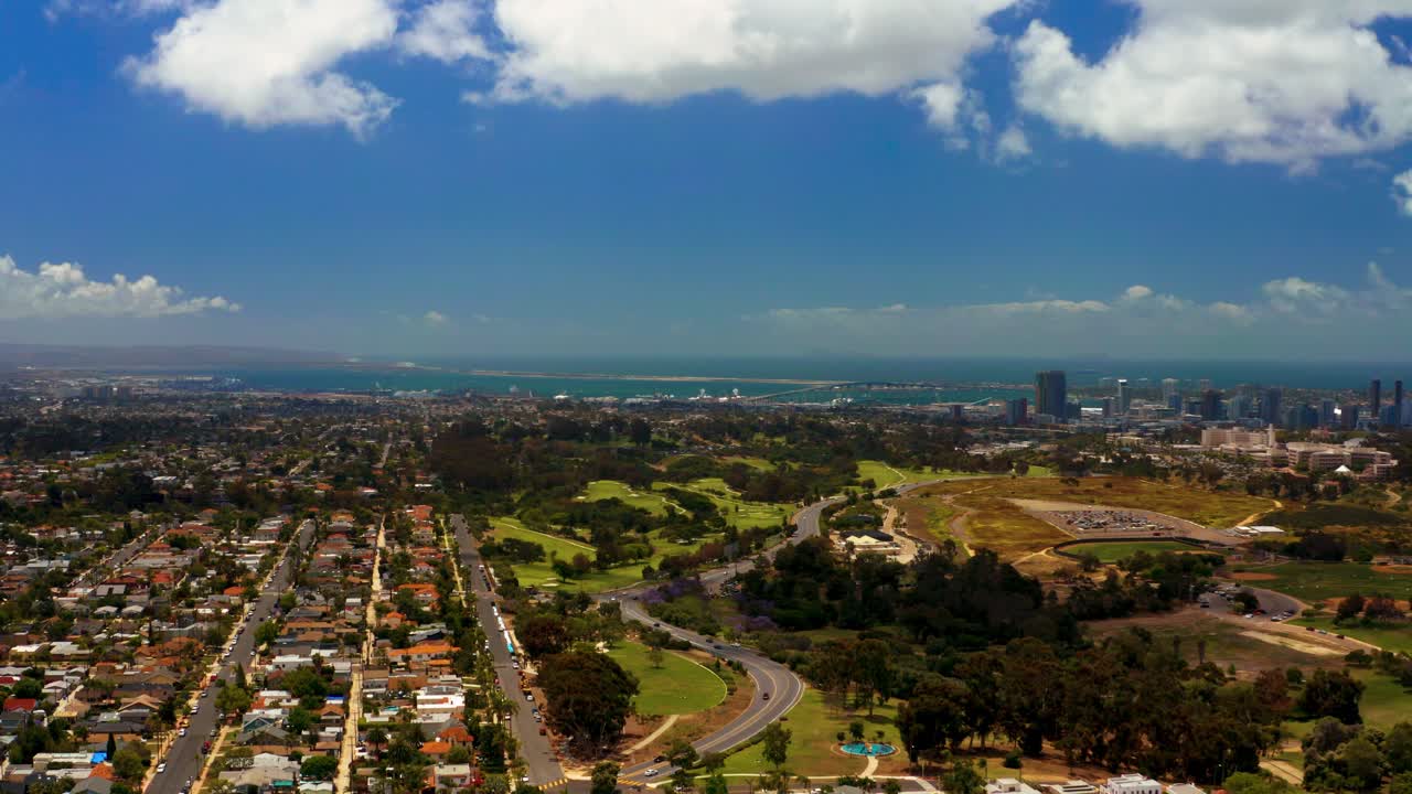 Aerial pan of North Park and Balboa Park with San Diego, the bay and Coronado bridge in the distance. Southern of 2
