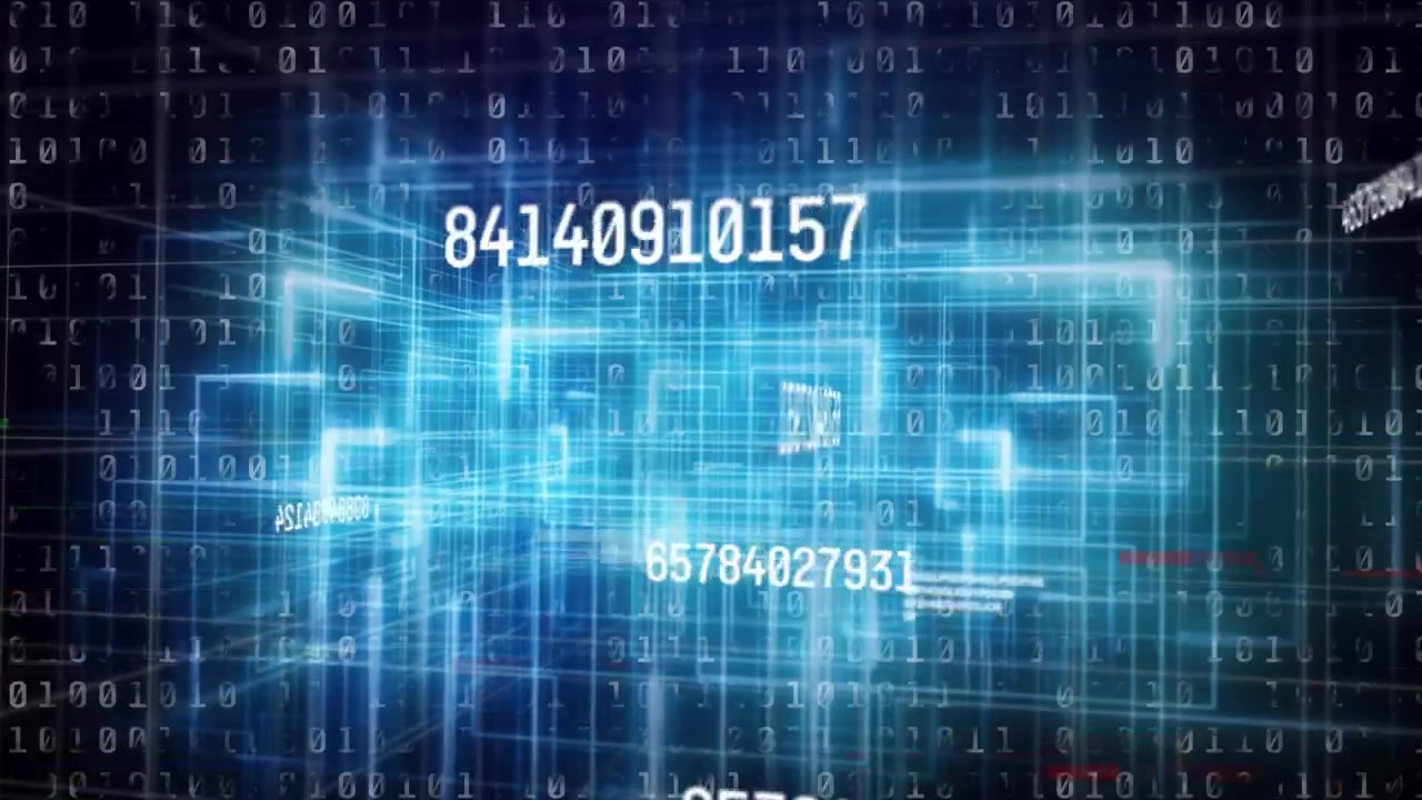 Cyan pulse rising, wireframe forming orbiting, digits sliding, binary filling, fading, showing data