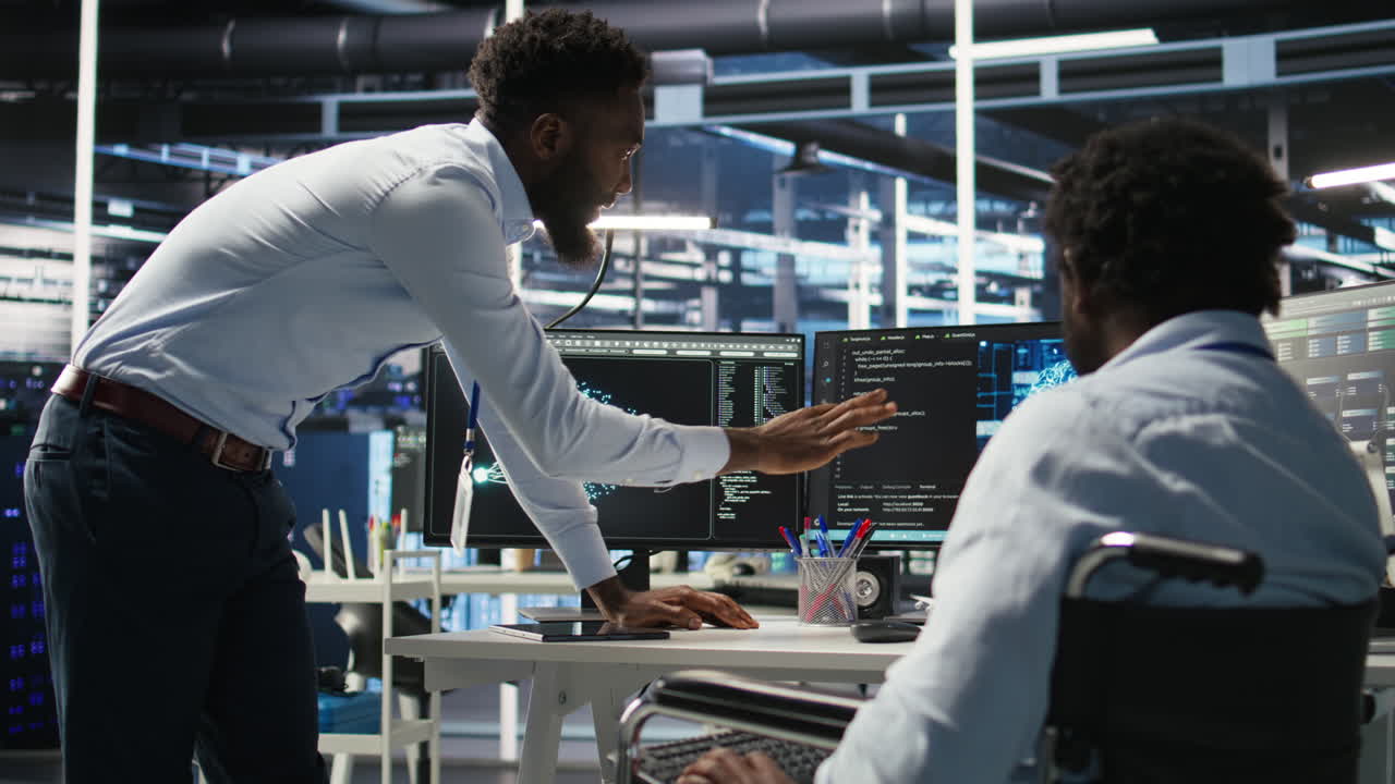 Server farm supervisor and man with disability oversee AI analytics