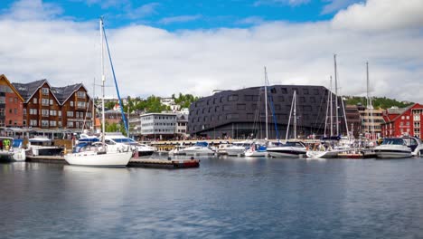 View-of-a-marina-in-Tromso,-North-Norway-Timelapse